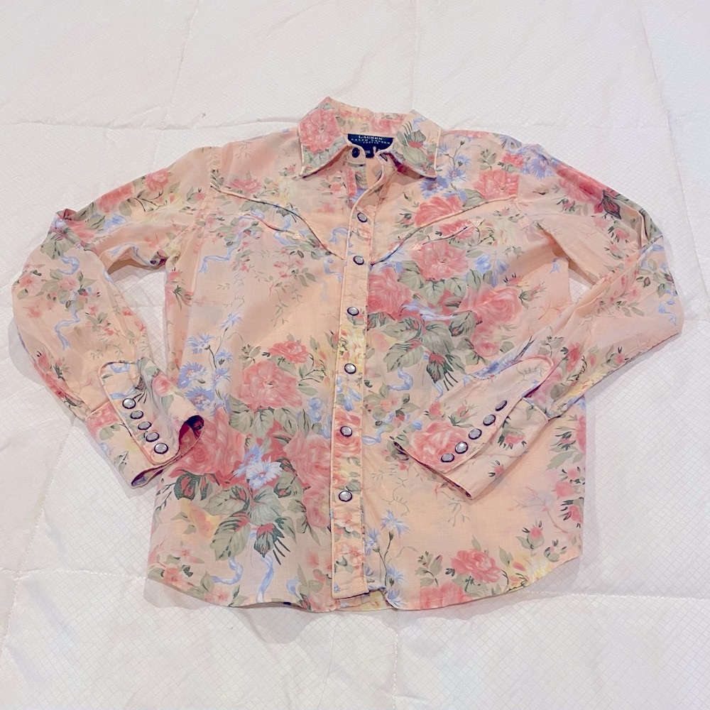 Ralph Lauren Womens Western Style Long Sleeve Pink Floral Pearl Snaps